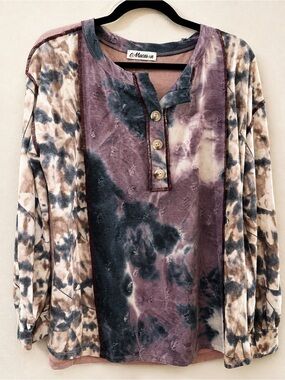 MACARON Purple, Gray and Cream Tie-Dye Long Sleeve Henley